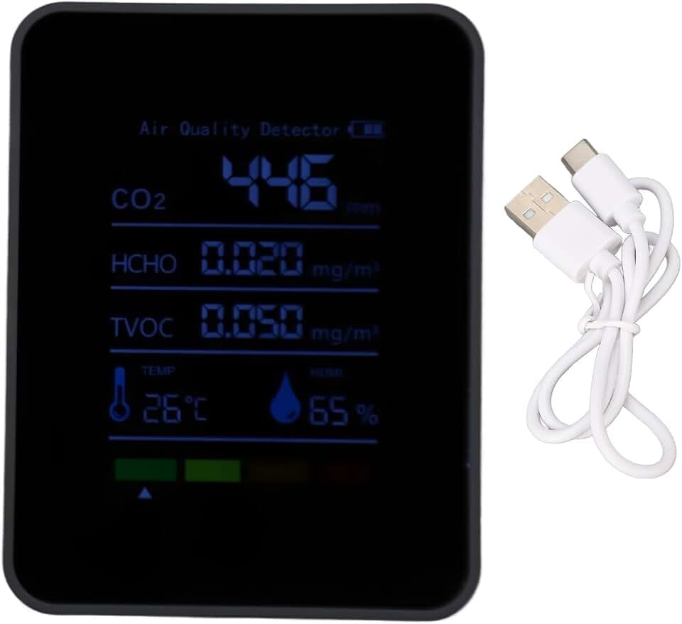 CO2 Kohlendioxid Melder Detektor, Batteriebetrieben Überwachung der HCHO TVOC Temp Humi 5 in 1 CO2 Messgerät Raumluft für Luft im Auto messen Reisen Zuhause