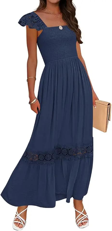 ZESICA Women's Lace Strap Sleeveless Square Neck Smocked Flowy Maxi Dress