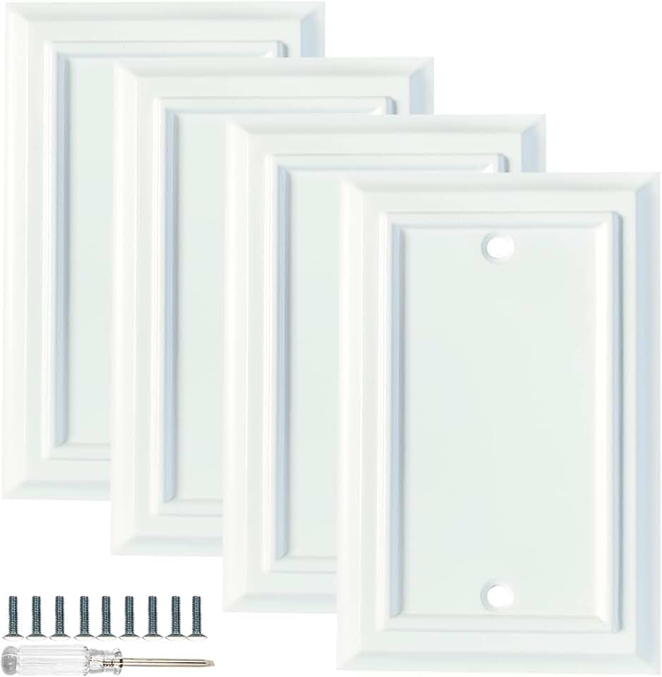 Wall Plates, Duplex Outlet Covers, Toggle Light Switch Plates, Decorator Light Switch Cover, Bamboo Fiber Material Wall Plate, Standard Size Wall Plates of various styles, White (1 Gang Blank 4 Pack)