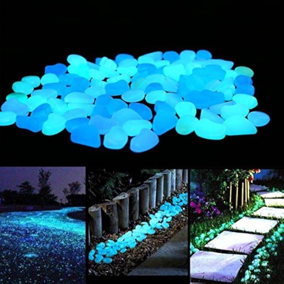 Unime Glow in The Dark Garden Pebbles Stones for Yard and Walkways Decor, DIY Decorative Luminous Stones in Blue (100 PCS)