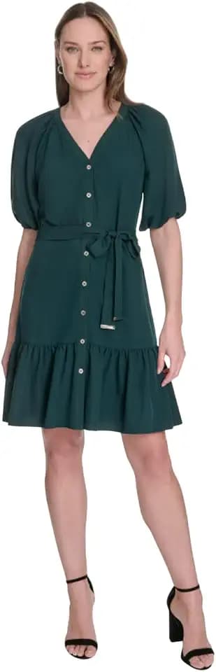 Tommy Hilfiger Women's Puff Sleeve 3/4 Length Sleeve Self Tie Fit and Flare Dress