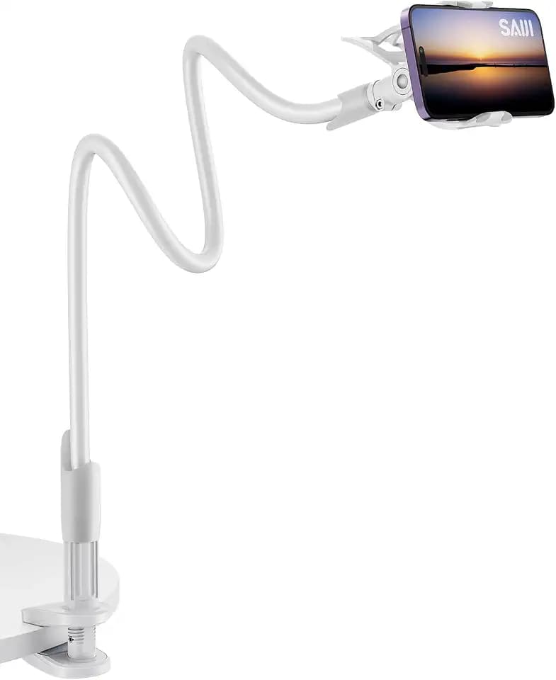 SAIJI Gooseneck Cell Phone Holder, Clamp Universal Lazy Mount Clip Hands Free Flexible Long Arm Bracket Grip for 4.0-6.3 Phones Mobile Stand Baby Monitor for Desk, Bed, Office, Kitchen (White)
