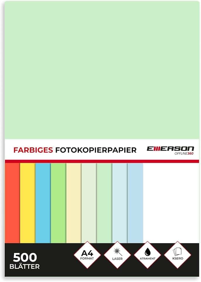 Emerson farbiges Druckerpapier Kopierepapier A4 grün 500 Blatt | 80 g/m2 210 x 297 mm | Drucker: Laser, Inkjet, Fotokopierer, Fax | Vielseitiges Papier zum Fotokopieren, Basteln