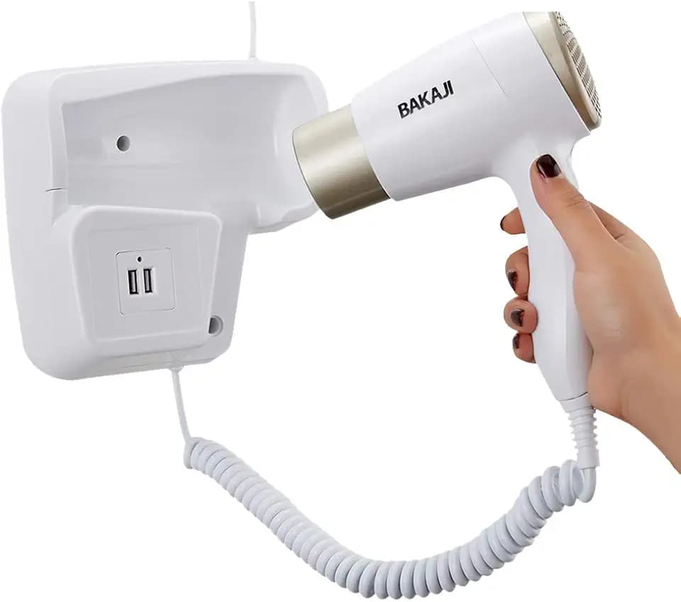 Bakaji Haartrockner zur Wandmontage, Haartrockner für Badezimmer, Leistung 300 W, einstellbare Temperatur, USB-Eingang, lädt Smartphone 22 x 8 x 6 cm, Farbe Weiß Platin für Haus Hotel