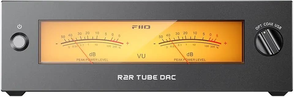 FIIO Warmer R2R Desktop Tube Buffer & R2R DAC/Amp – Fully Differential 24-Bit R2R Resistor Ladder, Dual VU Meters, 46W Linear Power Supply, USB/Optical/Coaxial Inputs, RCA/XLR Output (Black)