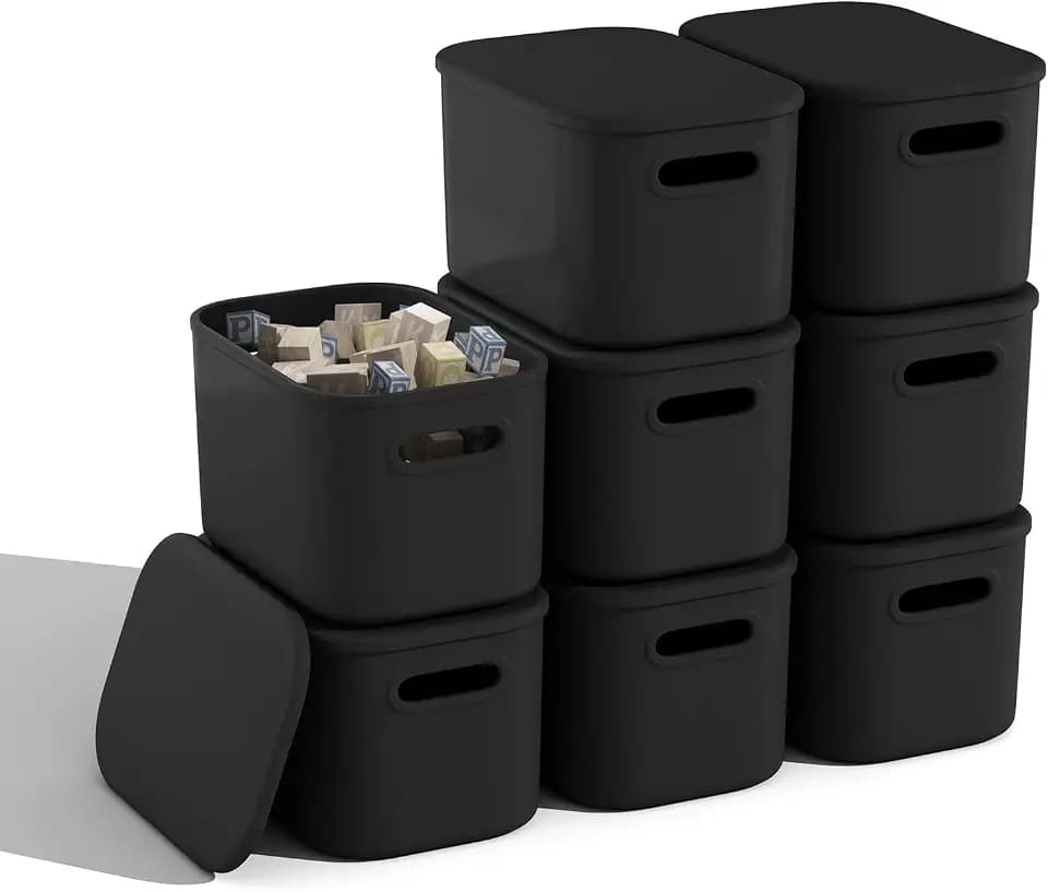 8 Pack Black Storage Bins with Lids for Shelves, Plastic Storage Containers with Lids for Organizing, Stackable Storage Boxes with Handle, Black Storage Bins for Classroom, Craft, Snacks