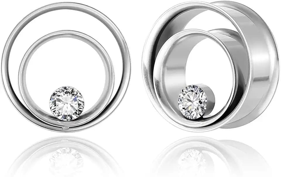 2PCS Double Tunneled Crystal Ear Plugs Tunnels Hypoallergenic 316 Stainless Steel Ear Gauges 8mm-25mm (0G-1") Body Piercing Jewelry for Women Men