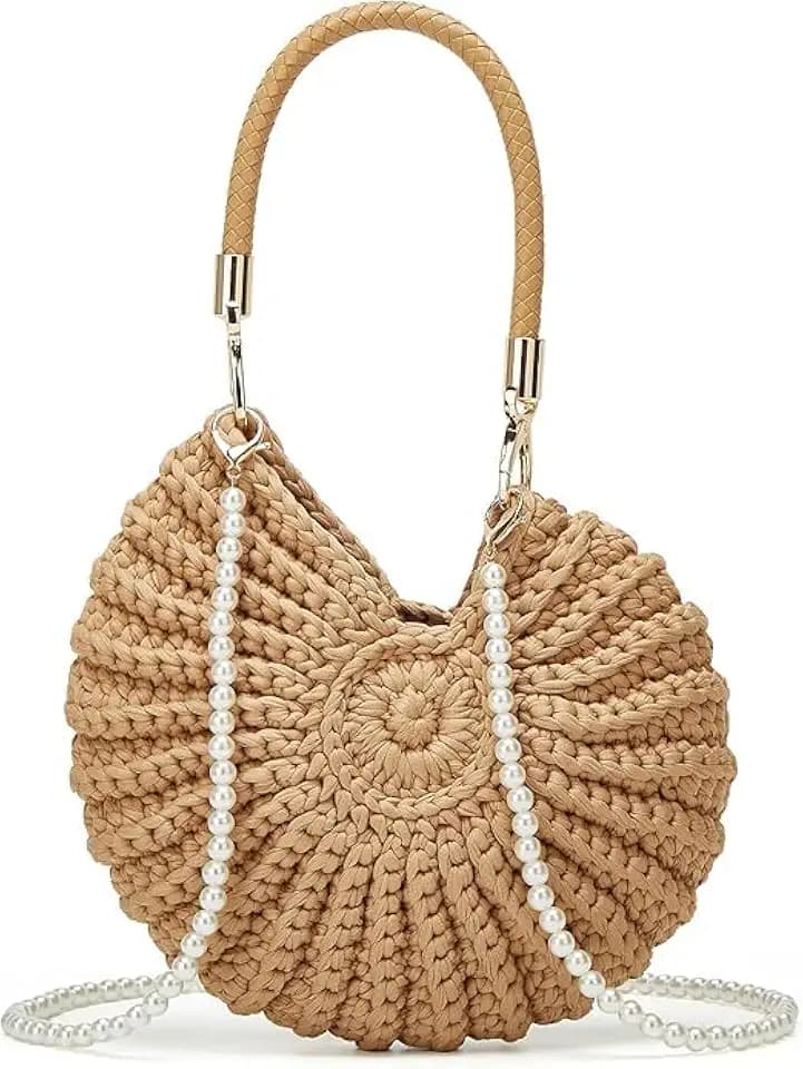 Handmade Crochet Seashell Purse for Women - Boho Shell Bag with Pearl Strap