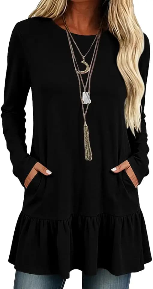 Poetsky Women Tops Long Sleeve Dressy Casual Ruffle Hem O Neck Tunics