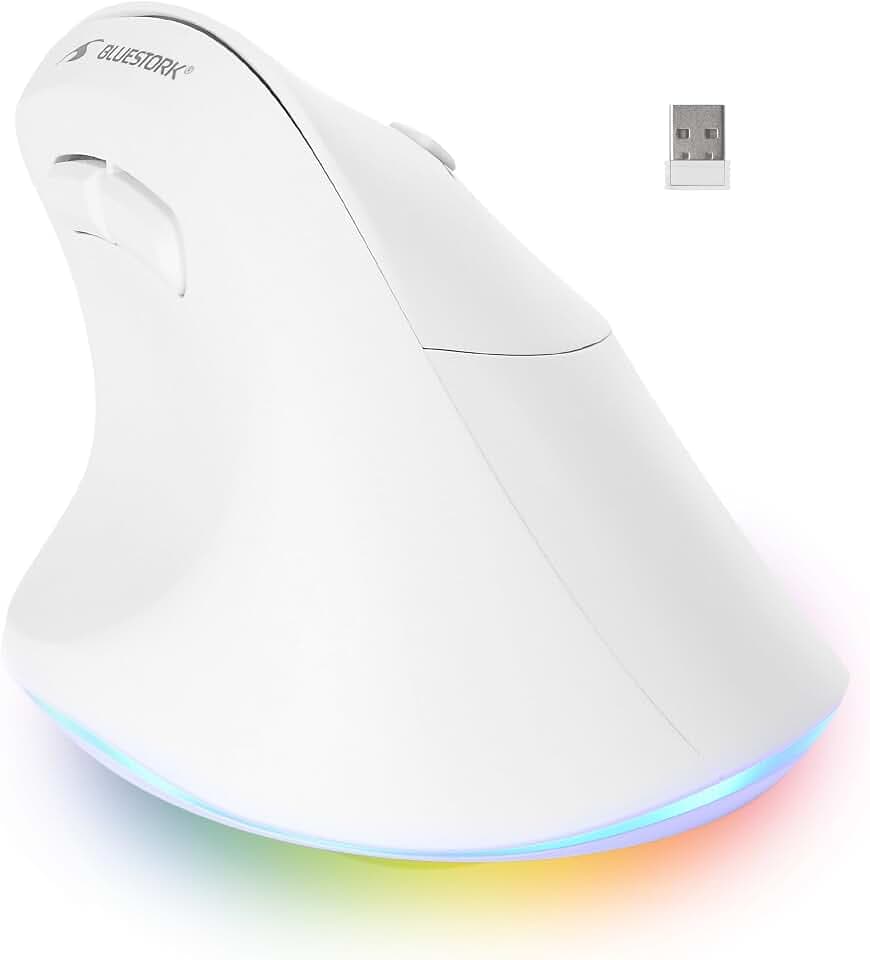 Bluestork - Ergonomische Vertikale Kabellose Maus 4800 DPI Weiß | Kabellos 2.4GHz & Bluetooth, 800-4800 DPI, 6 Tasten RGB, Vertikal, Vorbeugung Mausarm, für Rechtshänder