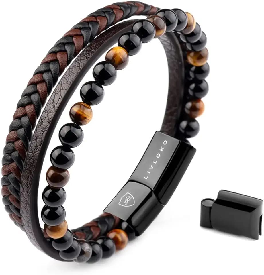 Mens Bracelet Leather Black Multi-Layer Bracelet for Men Magnetic Clasp Rope Wristband Mens Gift for Boyfriend (Small 18-20cm, B. 19-22cm Black Brown Tiger-Eye Adjustable)