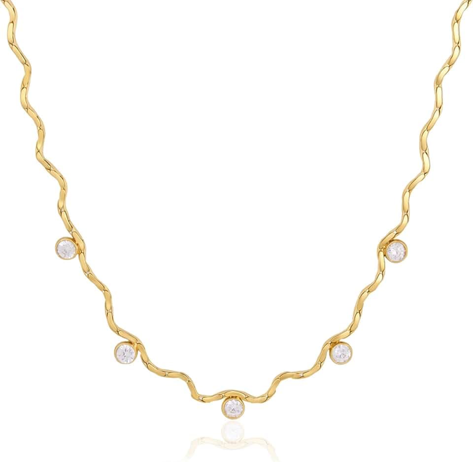 Wave Necklace 18K Gold Plated Stainless Steel Wave Zircon Y Necklace