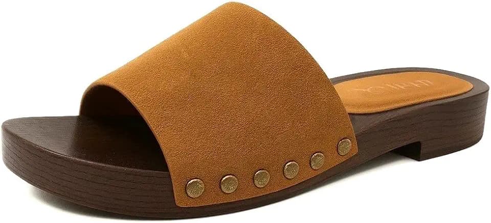 Women's Clog Sandals Open Toe Faux Wood Low Heel Slip On Slides Studded