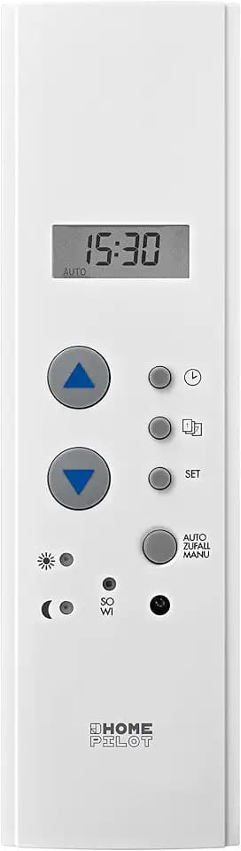 HOMEPILOT Zeitschaltuhr Gurtkastenformat | Rolladensteuerung für Rolladenmotor, passend für Gurtkasten | Gurtkastenuhr mit Zufall-Funktion, Tagesprogramm, Anschluss für Sonnensensor, 230 V, Weiß