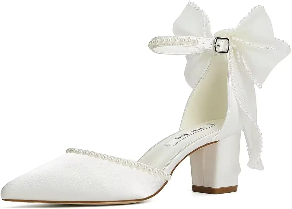 Block Heel Wedding Shoes for Bride Closed Toe Wedding Heels with Bow Pearl Bridal Shoes