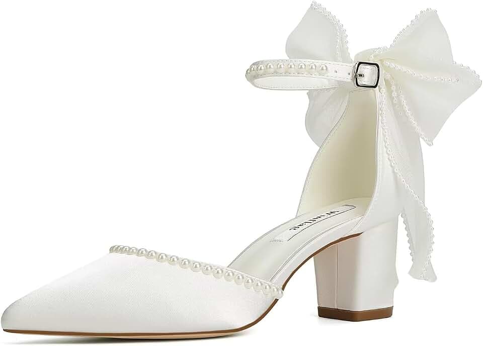 Block Heel Wedding Shoes for Bride Closed Toe Wedding Heels with Bow Pearl Bridal Shoes