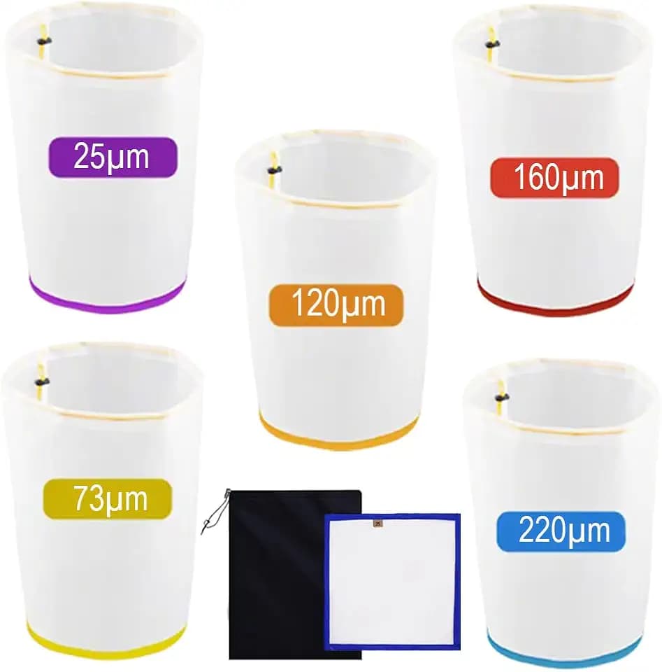 5 Stück 5 Gallonen Mesh Bubble Bags, Bubble Bag Hash Sieb für Sustainable Filtration of Herbal Extracts, Presssieb und Aufbewahrungsbeutel Kit für Kräuterextraktion und Produktion(25 to 220-Mikron)