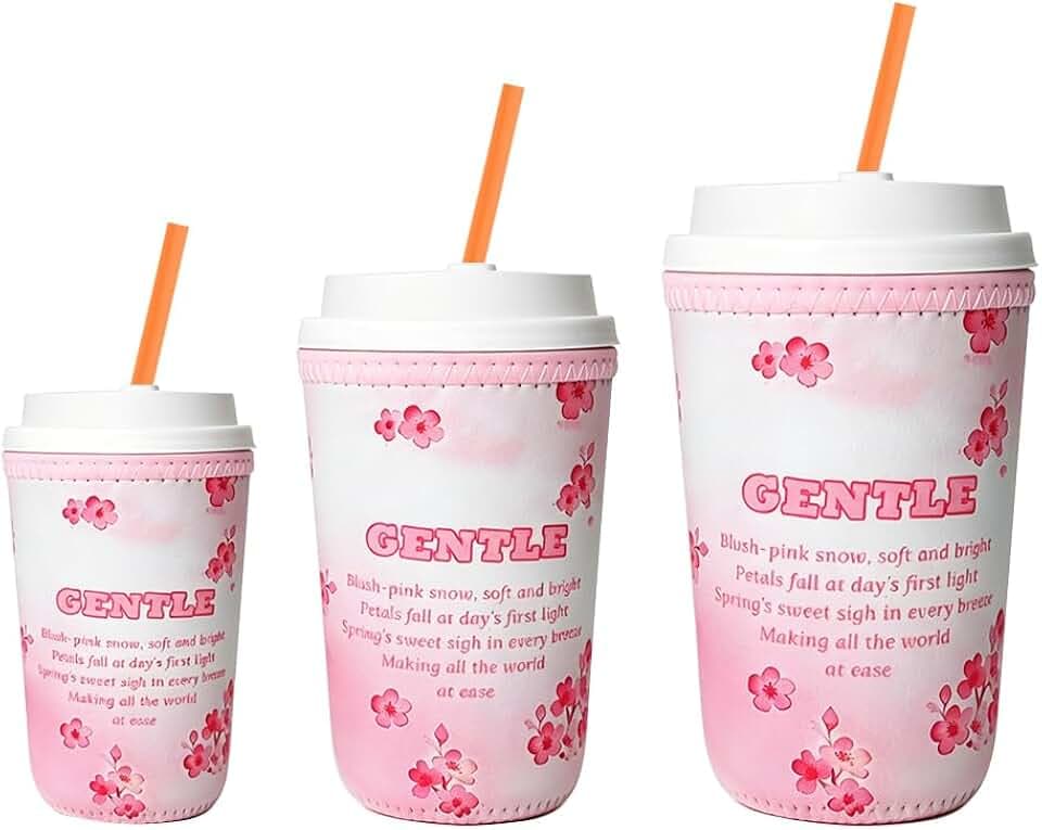 3 Pack Iced Coffee Sleeves Neoprene, 16-32oz, Pink Sakura
