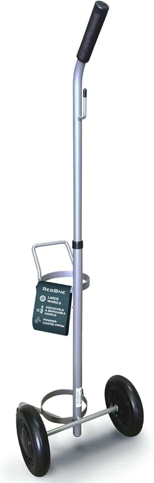 ResOne Lightweight Single Oxygen Tank Cart, Portable Oxygen Cart with Wheels, Adjustable Telescoping Handle, Powder Coated Steel Frame, Holds 1 Size D or E Cylinder