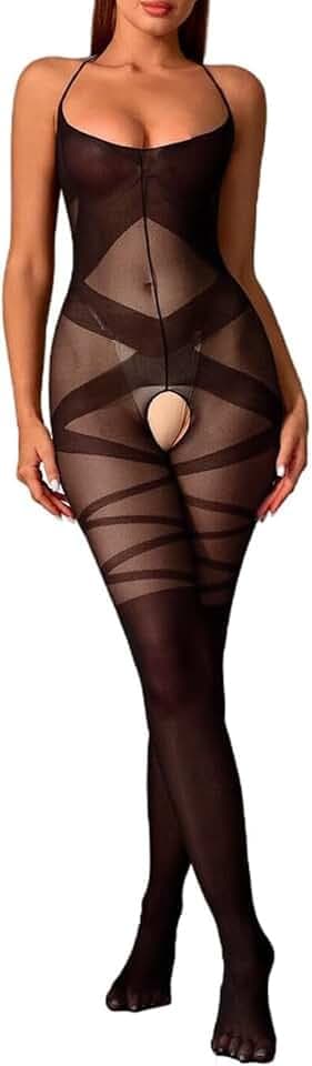 Sexy Damen-Bodystocking aus transparentem Netz, Bodystocking, ohne Schritt, Bodysuit, Nachtwäsche, mit Streifen, erotisch, heiß, schwarz