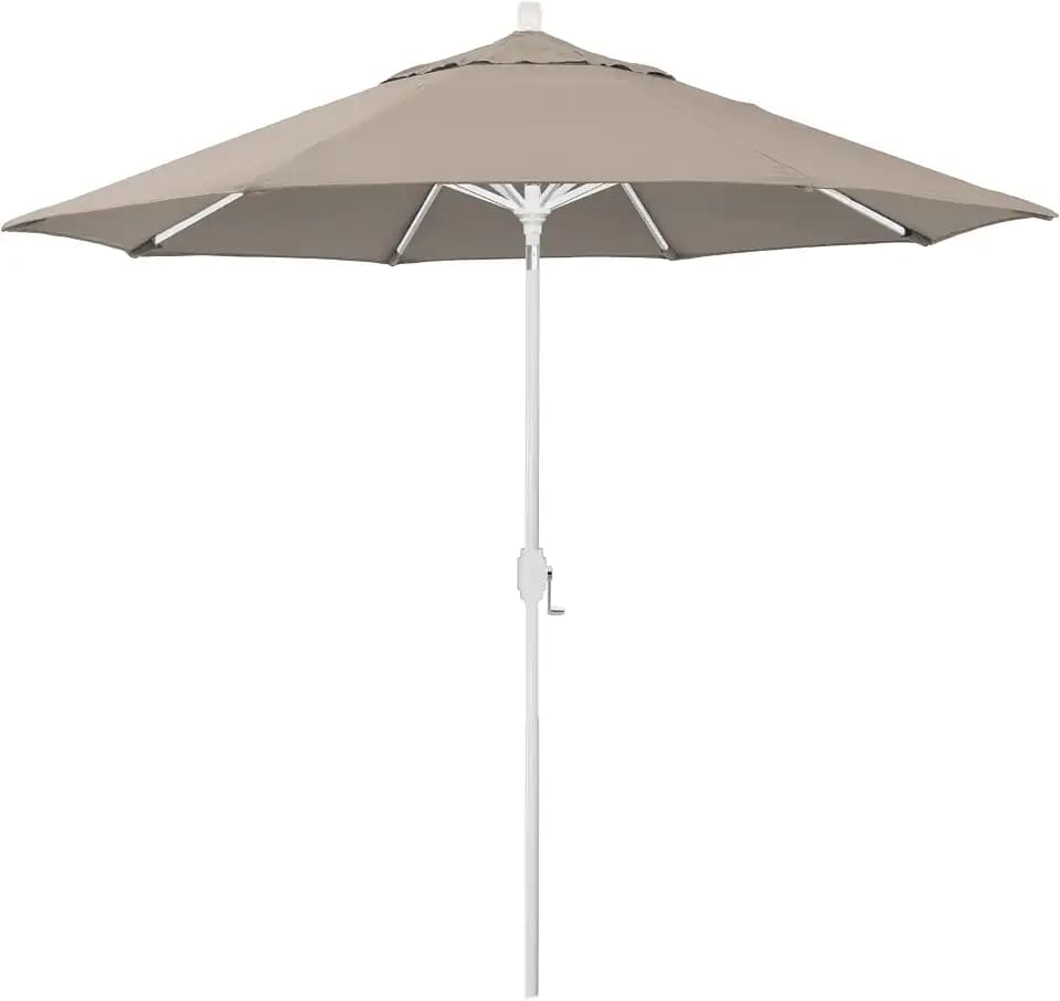 California Umbrella 12-Year-Non-Fading, 9Ft Premium Sunbrella Patio Umbrella, Hand-Crank, Button-Tilt, White Frame, Taupe Fabric