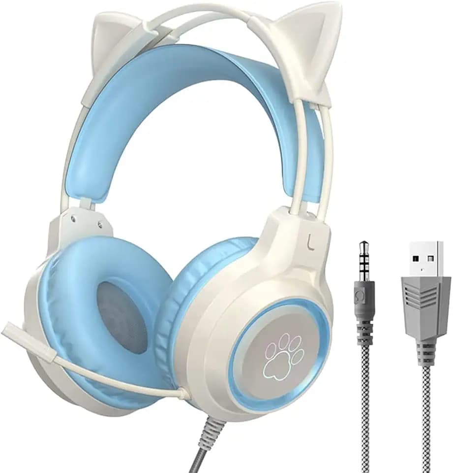Gaming Headset with Removable Cat Ears, 3.5mm Wired Headphones with Adjustable Microphone, Extendable Padded headband, Noise Cancelling and RGB Light Headphones for Phone (Blue)