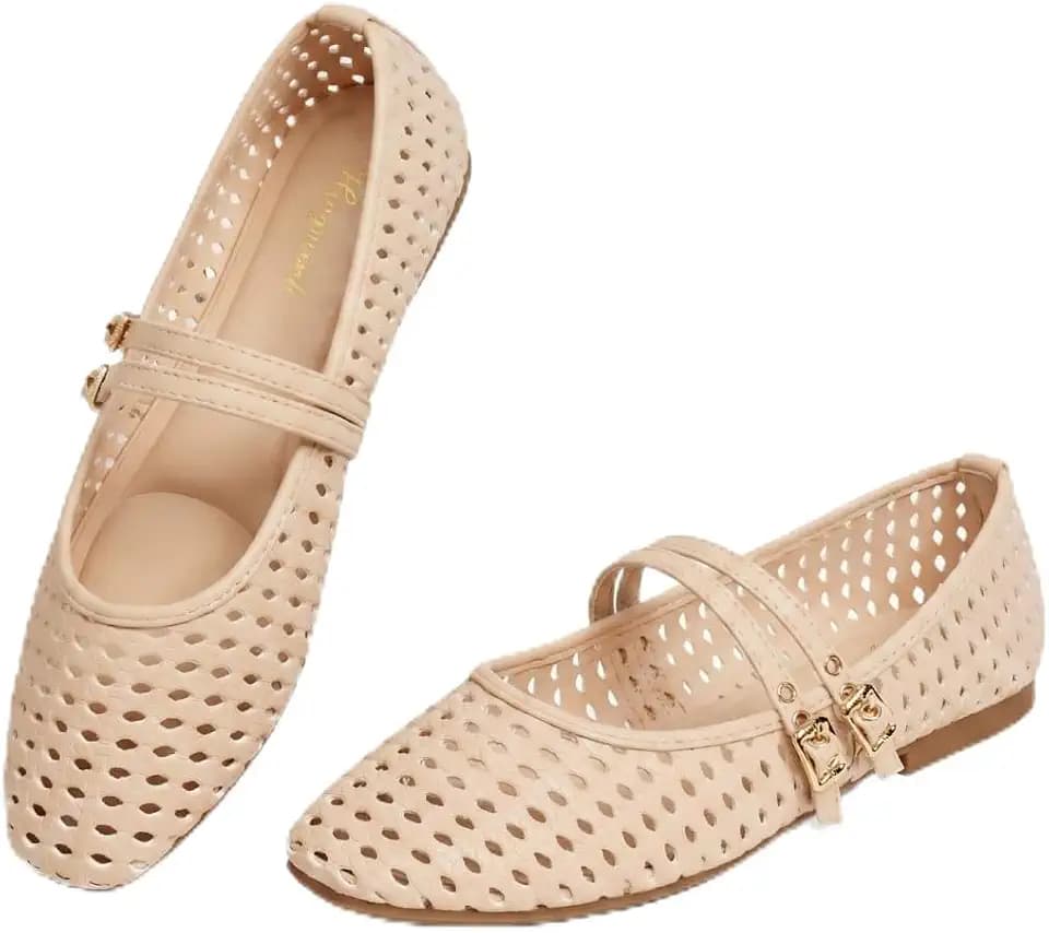 Double Straps Woven Mary Jane Flats Women,Beige6.5