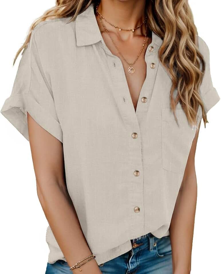 Hotouch Bluse Damen Kurzarm Hemd Lässiges V-Ausschnitt Hemdbluse 100% Baumwolle Oberteile Sommer Elegant Knöpfen Shirts mit Tasche S-3XL