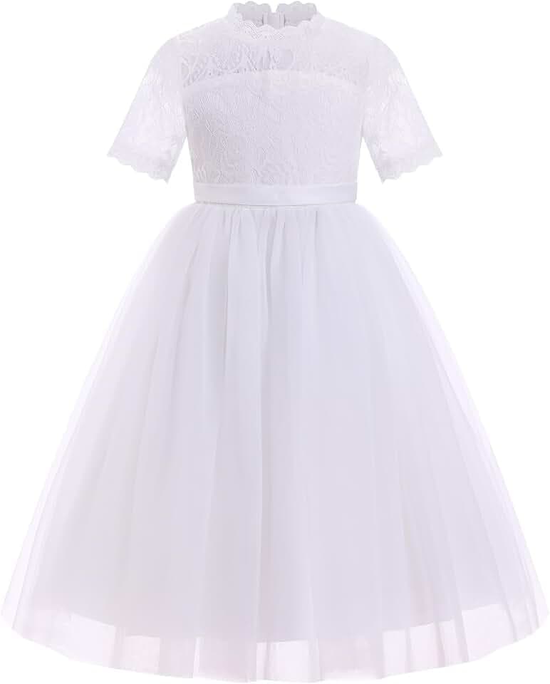 Spitzenkleid für Kinder, Mädchen, kurze Ärmel, Rundhalsausschnitt, Tüll, Tutu, Prinzessinnenkleid, Blumenmädchen, Geburtstag, Brautjungfer, Hochzeit, Party, Festzug, Erstkommunion, Ballkleid