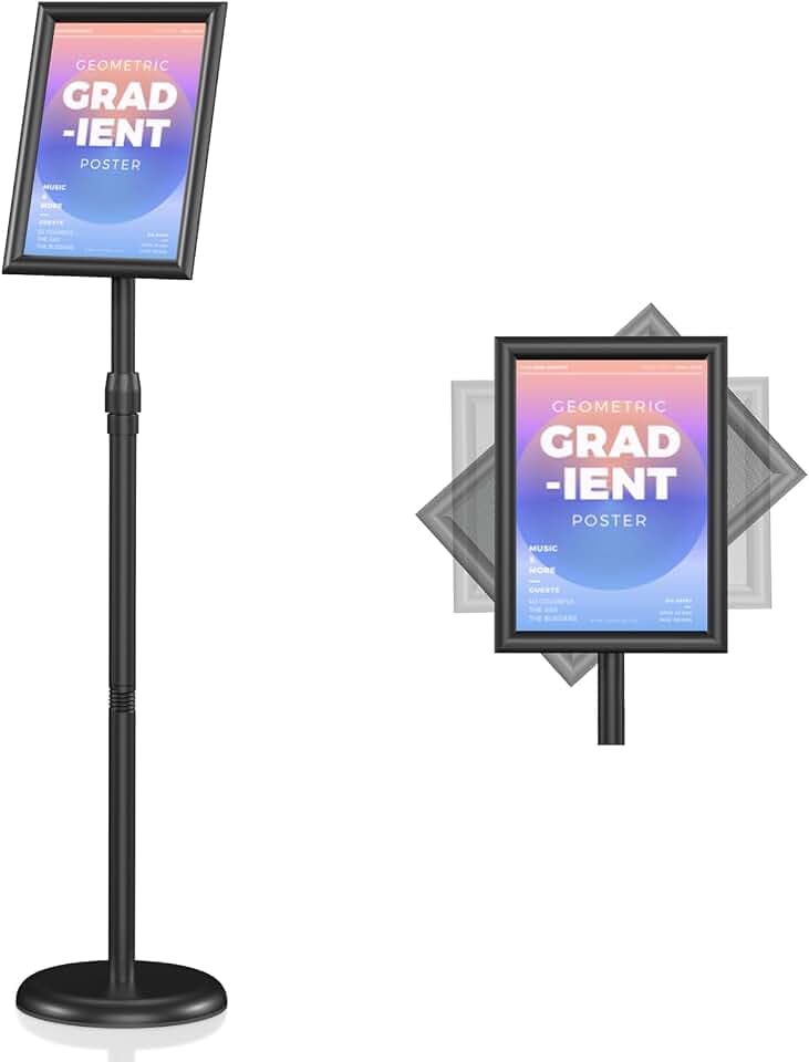 Hemndic Sign Stand 11x17 inch, Adjustable Floor Standing Sign Holder, 360° Rotation Sign Holder Stand with Snap-Open Frame, Outdoor Indoor Pedestal Sign Holder Display