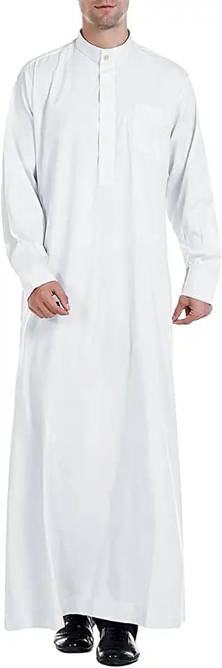 YAOHUOLE Herren Abaya Robe Muslim Kaftan Thobe Langes Kleid Casual Langarm Hemd Knopfleiste Mit Tasche