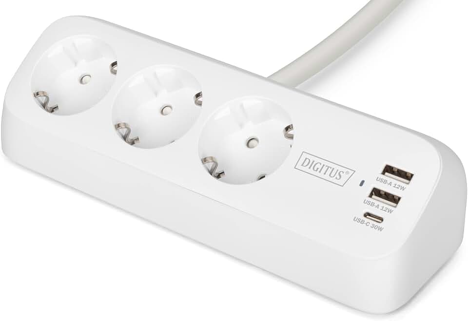 DIGITUS Steckdosenleiste mit USB – 1x USB-C, 2X Typ-A – 3X Steckdosen