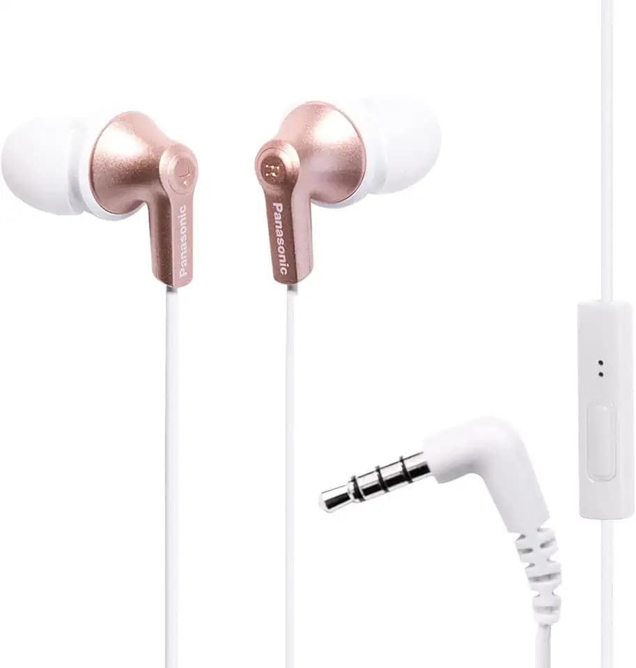 Panasonic ErgoFit Wired Earbuds with Microphone, 3.5mm Jack Headphones with Mic and Call Controller, Ergonomic Custom-Fit Earpieces (S/M/L), for Phones and Laptops - RP-TCM125-N (Rose Gold)