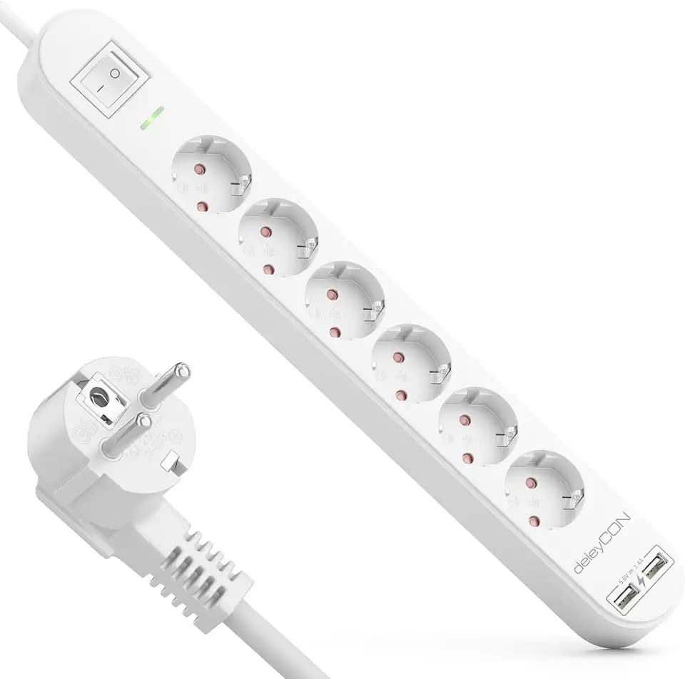 deleyCON 3,0m 6 Fach Steckdosenleiste mit USB Stromleiste 6X Schutzkontaktbuchsen 2X USB-A Ladebuchse für z.B. Handy & Tablet Überspannungsschutz EIN/AUS Schalter Weiß
