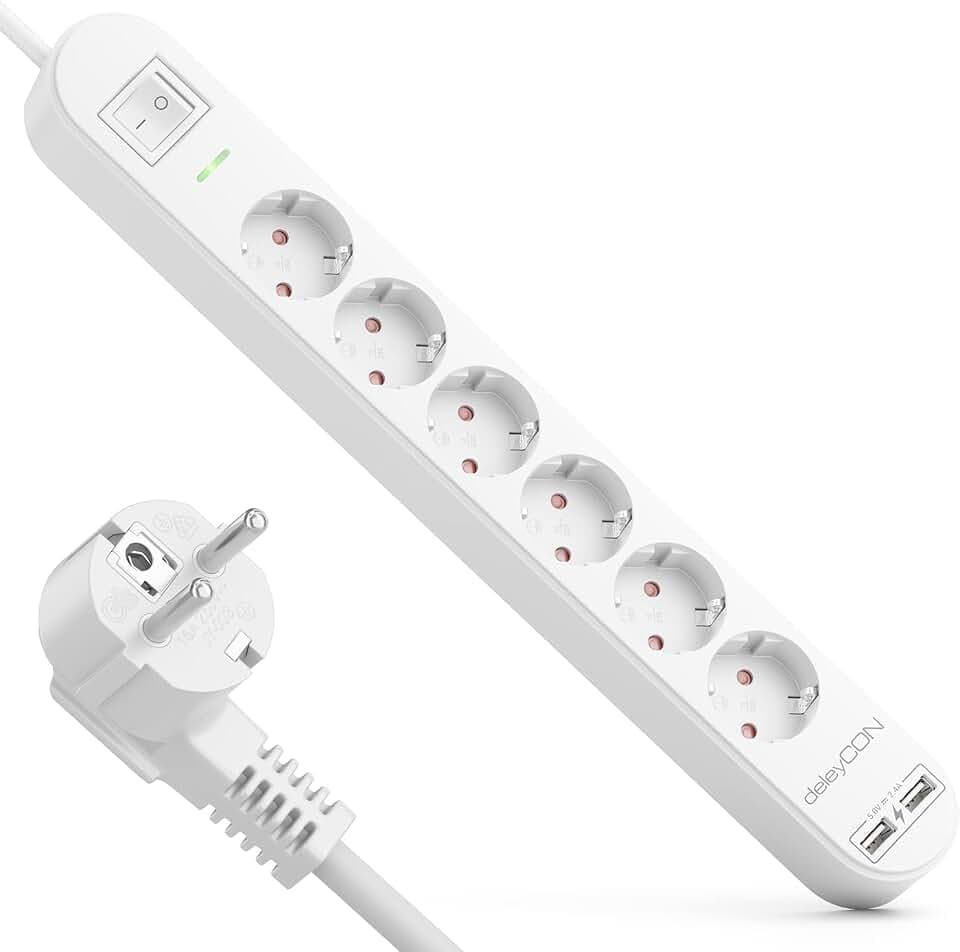 deleyCON 5m 6-Fach Steckdosenleiste USB 6X Schutzkontakt - Weiß