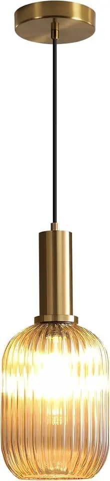 KCO Modern Brushed Gold Mini 5.1” Cylinder Amber Ribbed Glass Pendant Light