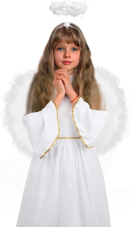 VEYLIN Engelskostüm Kinder, Engel Krippen-Kostüm Weihnachten Weißes Kleid Engelskostüm Engelsflügel und Heiligenschein Mädchen Engel Faschingskostüm