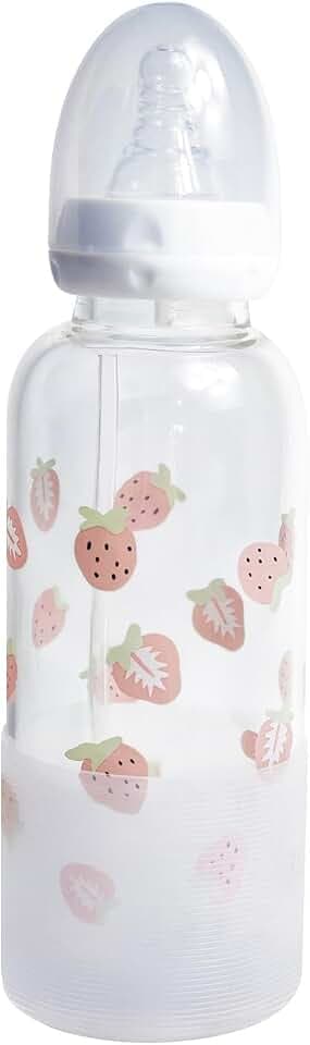 Babyflasche für Erwachsene Glas flasche Schutzkappe niedliches Gedruckt Fütterung BPA-frei sauger Silikon 400ml im Set Strohhalmbecher Straw-Cute Strawberries