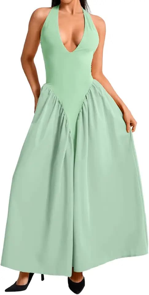 ChiaoLezhee Deep V Neck Dress, Halter Maxi Dresses, Vacation Date Night, Sexy for Women Corset Flowy Wedding Guest Drop Waist