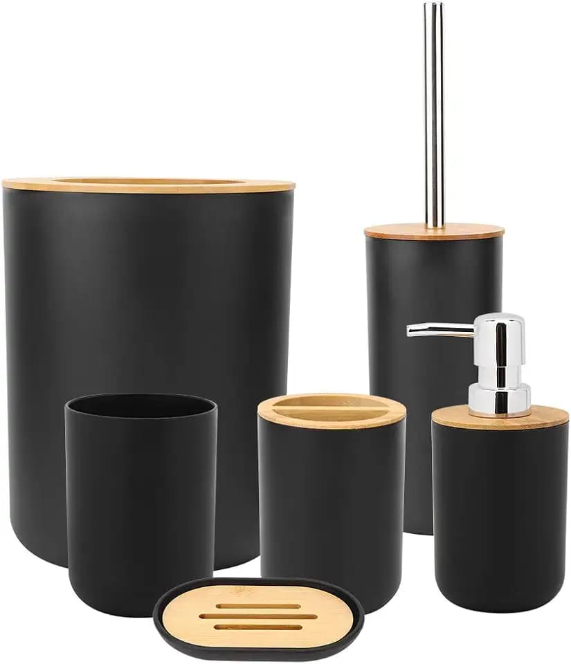 Badezimmerzubehörset 6-teilig Schwarz – Lotionspender, Mülleimer, Zahnbürstenhalter, Zahnputzbecher, Toilettenbürste & Seifenschale – Modernes Design, Raumsparend, Hochwertiger Kunststoff