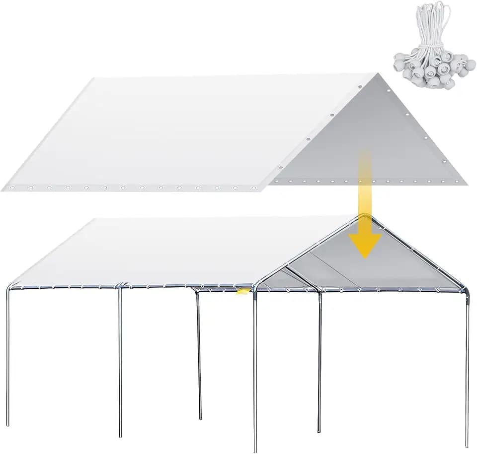 12 x 20 ft Heavy Duty Carport Canopy Waterproof Garage Car Shelter Tarp Tent for Car Canopy Replacement Cover with 50 Ball Bungees, Only Top Cover, Frame is Not Included