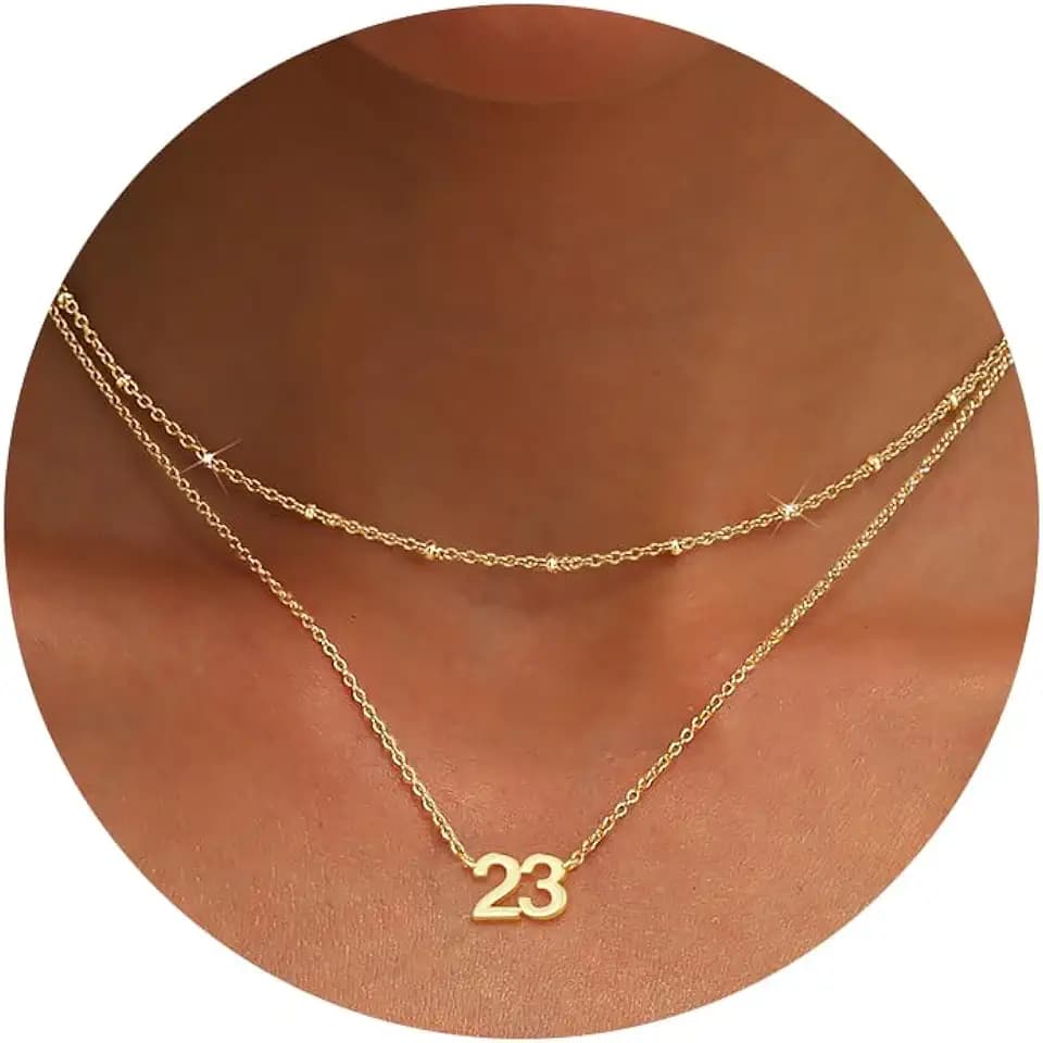 Number Necklace for Women, 14K Gold Plated Layered Chain Number Pendant Jewelry Gifts for Sister Mom Girlfriend Daughter