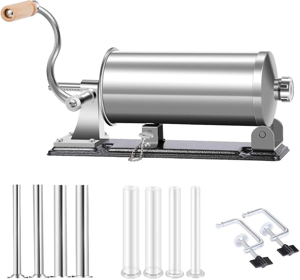 6 LBS Wurstfüller – Edelstahl-Wurstmaschine für den Hausgebrauch, manuell, horizontal, zum Füllen von Fleisch, Küchenmaschine, mit 8 Füllschläuchen