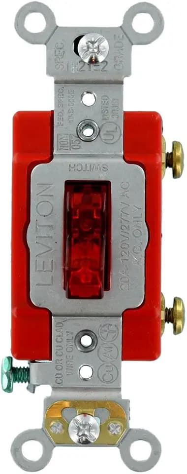 Leviton Extra Heavy Duty Grade, Self Grounding, 20 Amp, 120 Volt, Single-Pole AC Illuminated Toggle Switch, 1221-LHR, Red