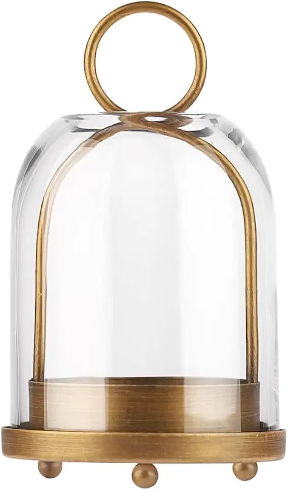 7.5" High Versatile Modern Metal Hurricane Lantern with Handmade Sturdy Glass Dome in Vintage Brass for 2" Pillar Candle & Plants, Industrial, Farmhouse, Shabby Chic (Brass, 4" x7.5 for 2" Pillar)