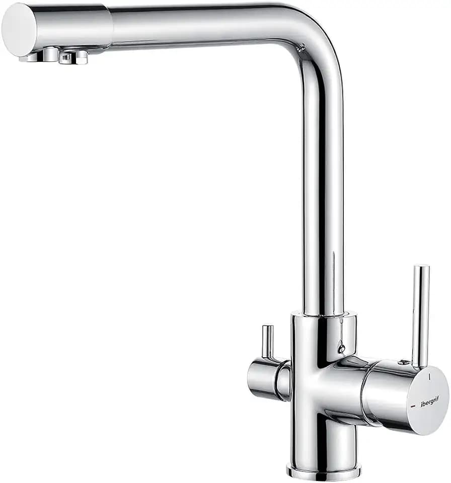 3-Wege Küchenarmatur (Trinkwasserhahn mit 360°Drehbarkeit, Doppelhebel, 3-in-1 Funktion für Wasserfilter, Heiß- und Kaltwasserauslauf, Hochdruckarmatur, mit 3 Schlauches 50 cm) Edelstahl Chrom