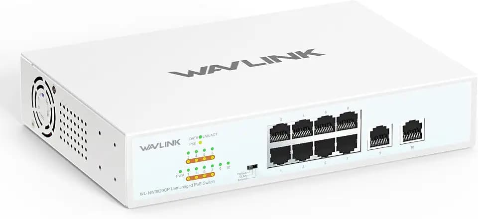 WAVLINK 10-Port Full Gigabit Switch with 8xPoE+ @ 120W, 2xGigabit Ethernet Uplink, Support 802.3af/at, Unmanaged Network Switch with VLAN, Default, Extend Mode, Desktop//Wall Mount