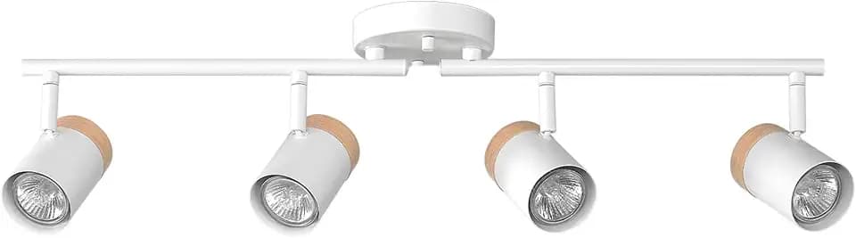 28" 4-Light Matte White Foldable Track Lighting with Hand Painted Wood-Tone Accent Detail and Pivoting Track Heads