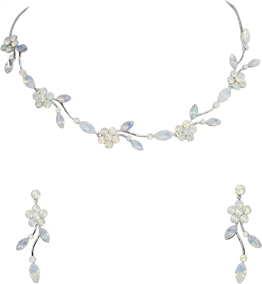 Faship Gorgeous Rhinestone Crystal Floral Necklace Earrings Set