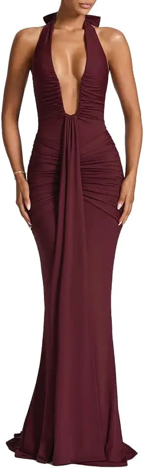 ABYOVRT Women Deep V Neck Ruched Maxi Dress Sleeveless Halter Gown Cocktail Evening Formal Dresses